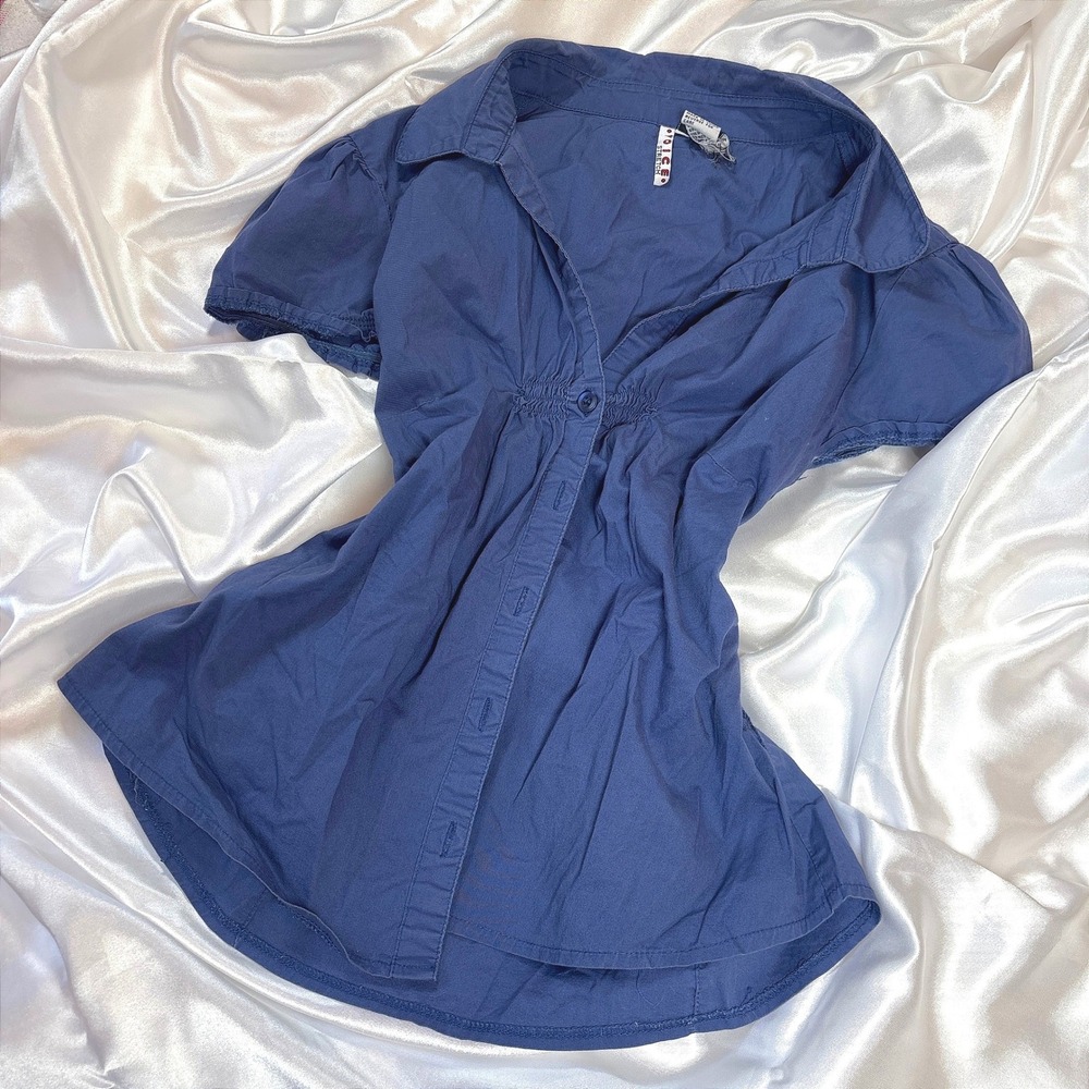 Voice Stretch Womens Blue Empire Waist Button Up Short Sleeve Blouse Size L